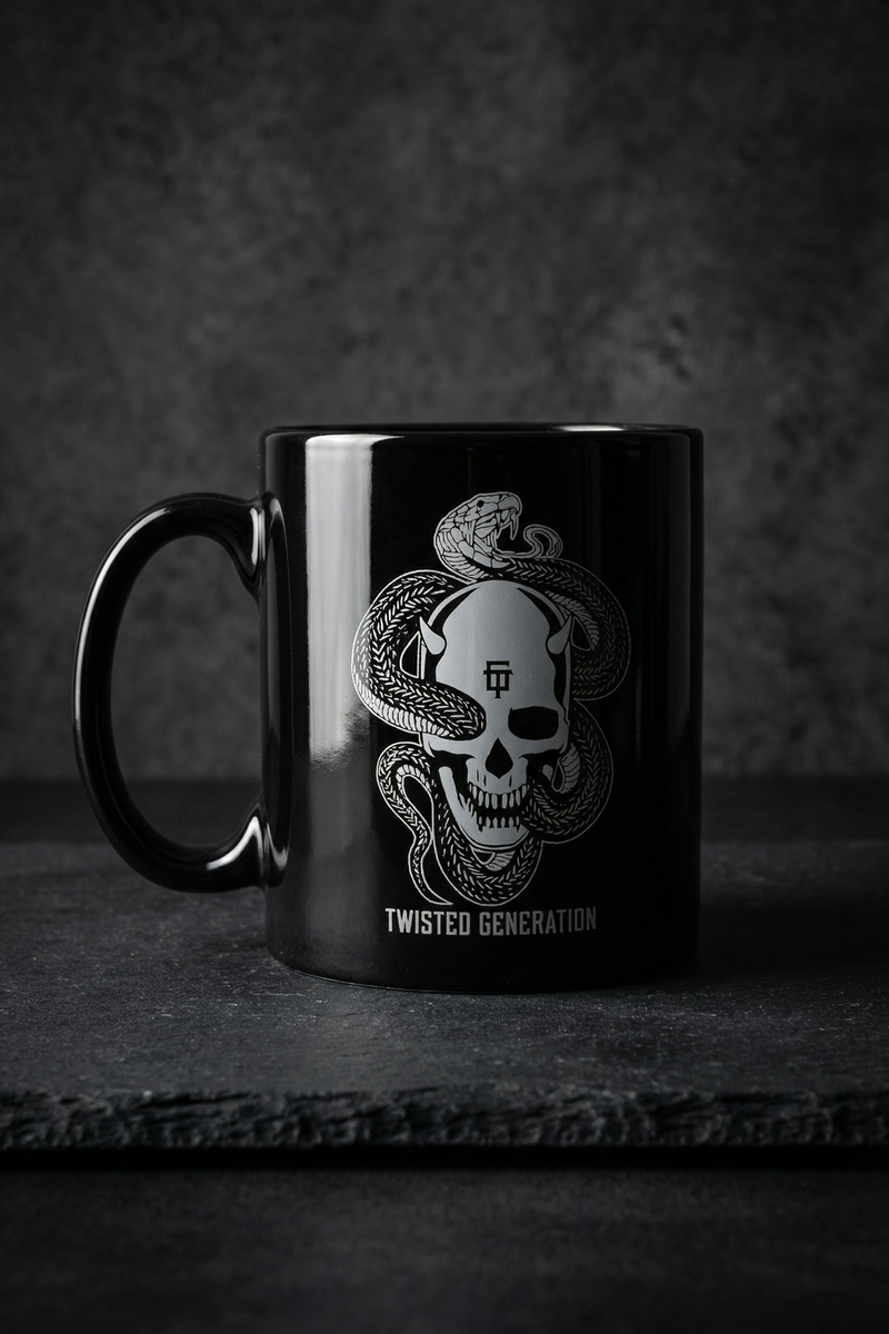 Black Screen Printed Mugs: custom design example, Project Print