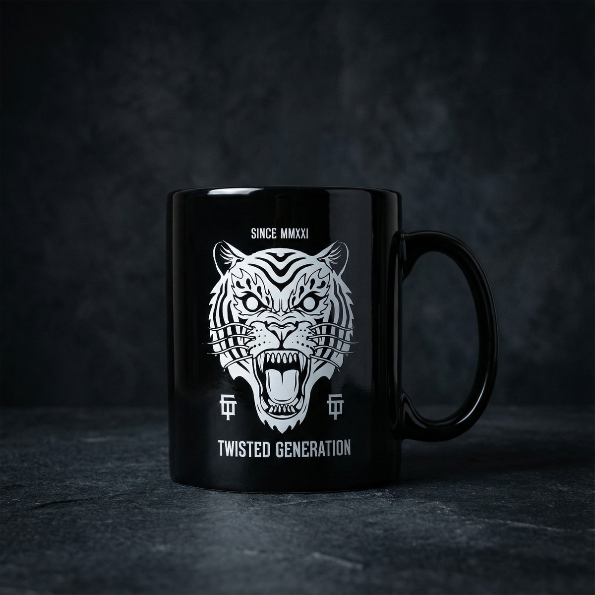 Black Screen Printed Mugs: custom design example, Project Print