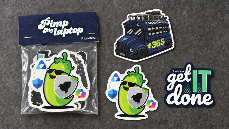 Labdesk Budget sticker pack beside three individual customer sticker design examples.