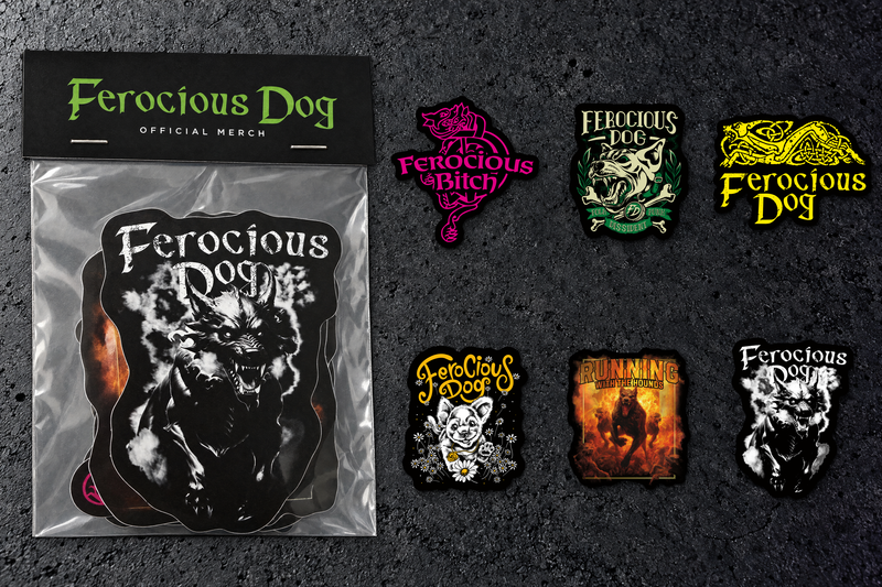 Ferocious Dog Budget sticker pack beside six individual customer sticker design examples.