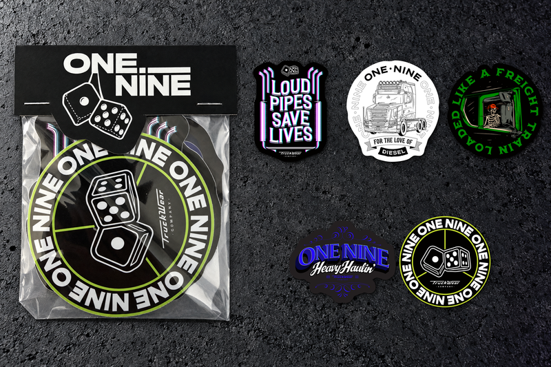 One Nine Budget sticker pack beside five individual customer sticker design examples on a charcoal studio surface.