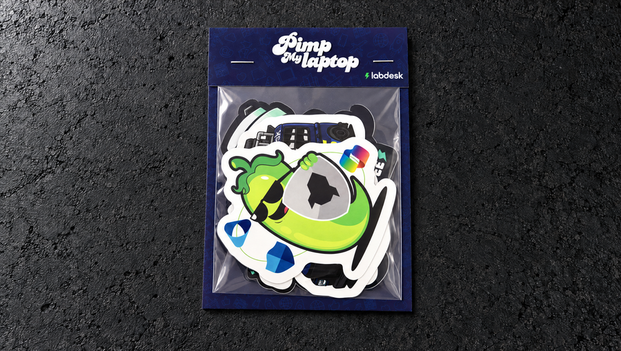 Wide studio view of a Labdesk Premium sticker pack with its full patterned backing board and wrap-over header.