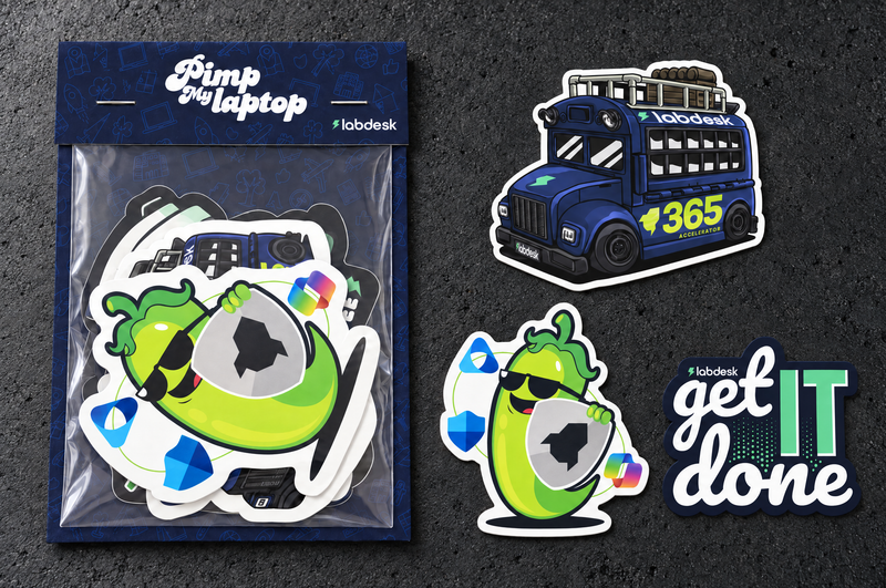 Labdesk Premium sticker pack beside three individual customer sticker design examples on a charcoal studio surface.