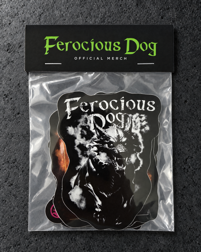 Studio view of a Ferocious Dog budget sticker pack with a top header card and clear bag.