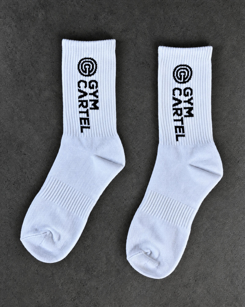 Projectprint custom jacquard knit socks — gym cartel white, studio view