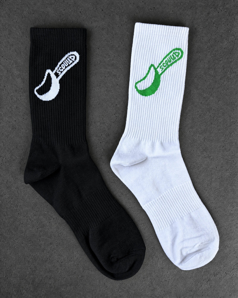 Projectprint custom jacquard knit socks — scoop spoon black white green, studio view