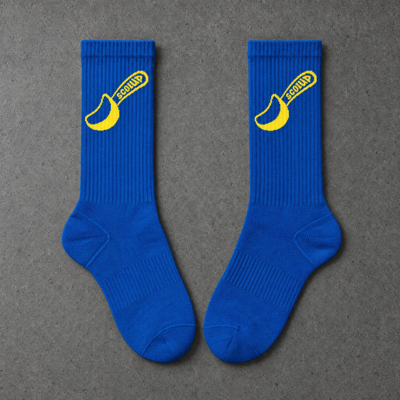 Projectprint custom jacquard knit socks — scoop spoon blue yellow, studio view