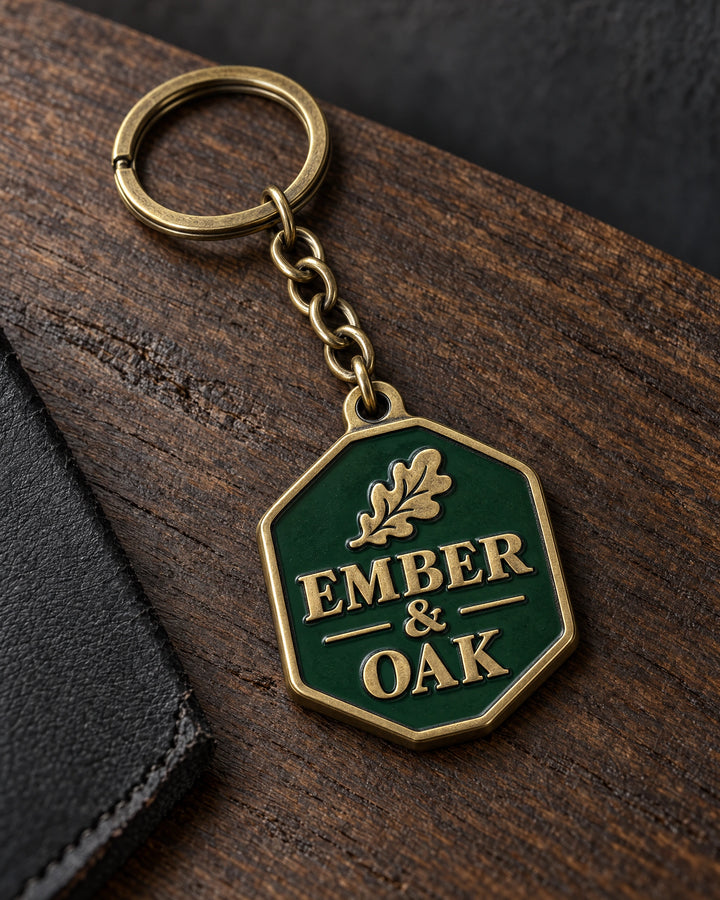 Ember &amp; Oak custom metal enamel keyring design in antique brass, with matching chain and split ring.