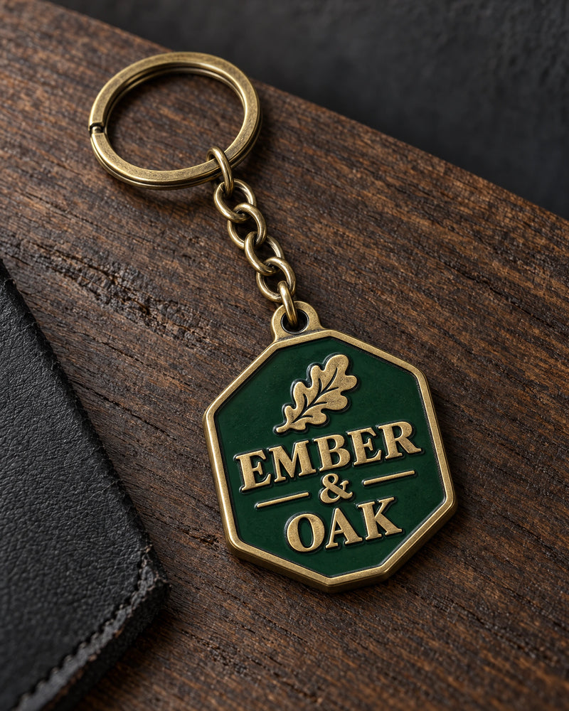 Ember & Oak custom metal enamel keyring design in antique brass, with matching chain and split ring.