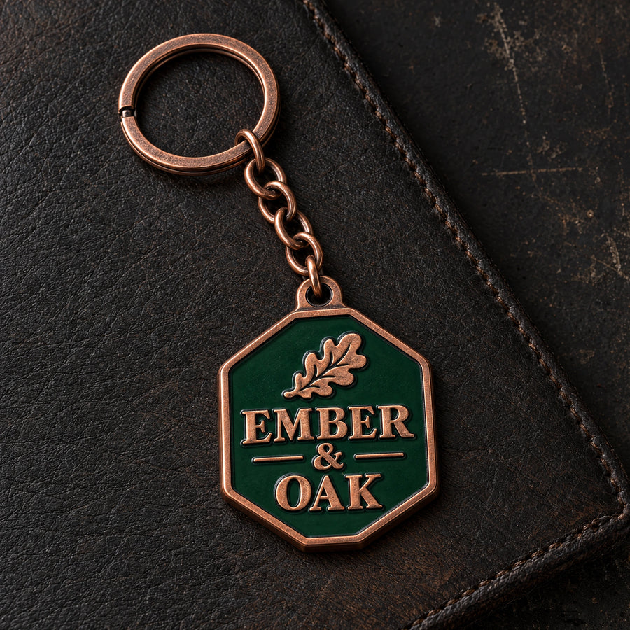 Ember & Oak custom metal enamel keyring design in antique copper, with matching chain and split ring.