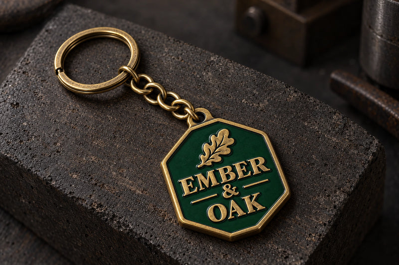 Ember & Oak custom metal enamel keyring design in antique gold, with matching chain and split ring.