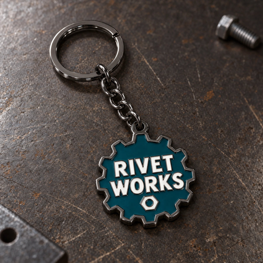 Rivet Works custom metal enamel keyring design in black nickel, with matching chain and split ring.