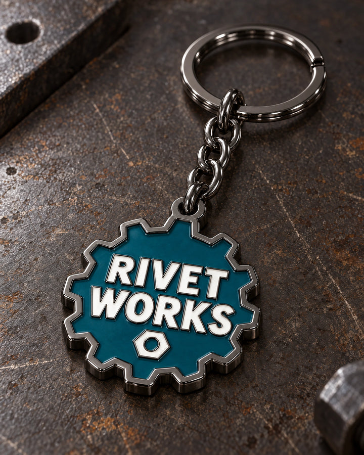 Rivet Works custom metal enamel keyring design in black nickel, with matching chain and split ring.
