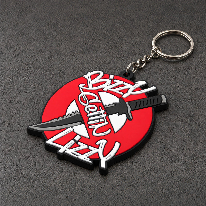 red katana design keyring on a charcoal studio surface — Projectprint