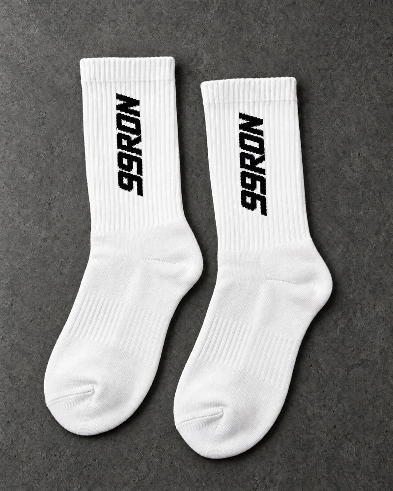 Projectprint custom terry crew socks — 99 ron white black, upright pair studio view