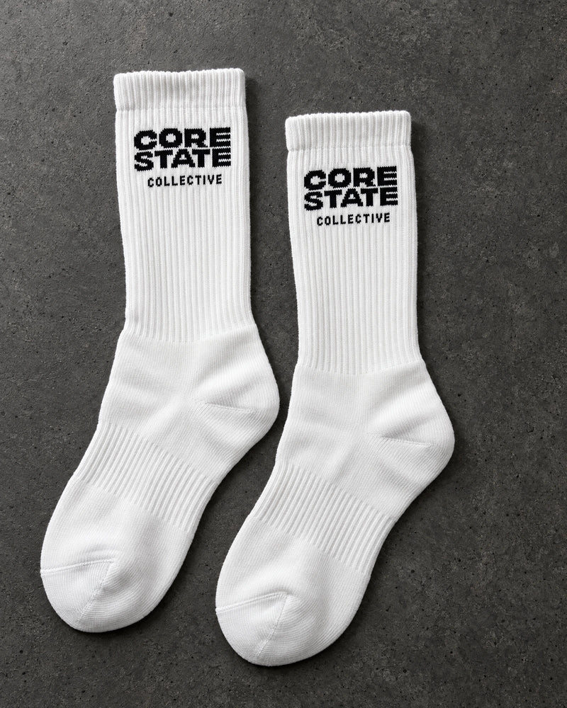 Projectprint custom terry crew socks — corestate white black, upright pair studio view
