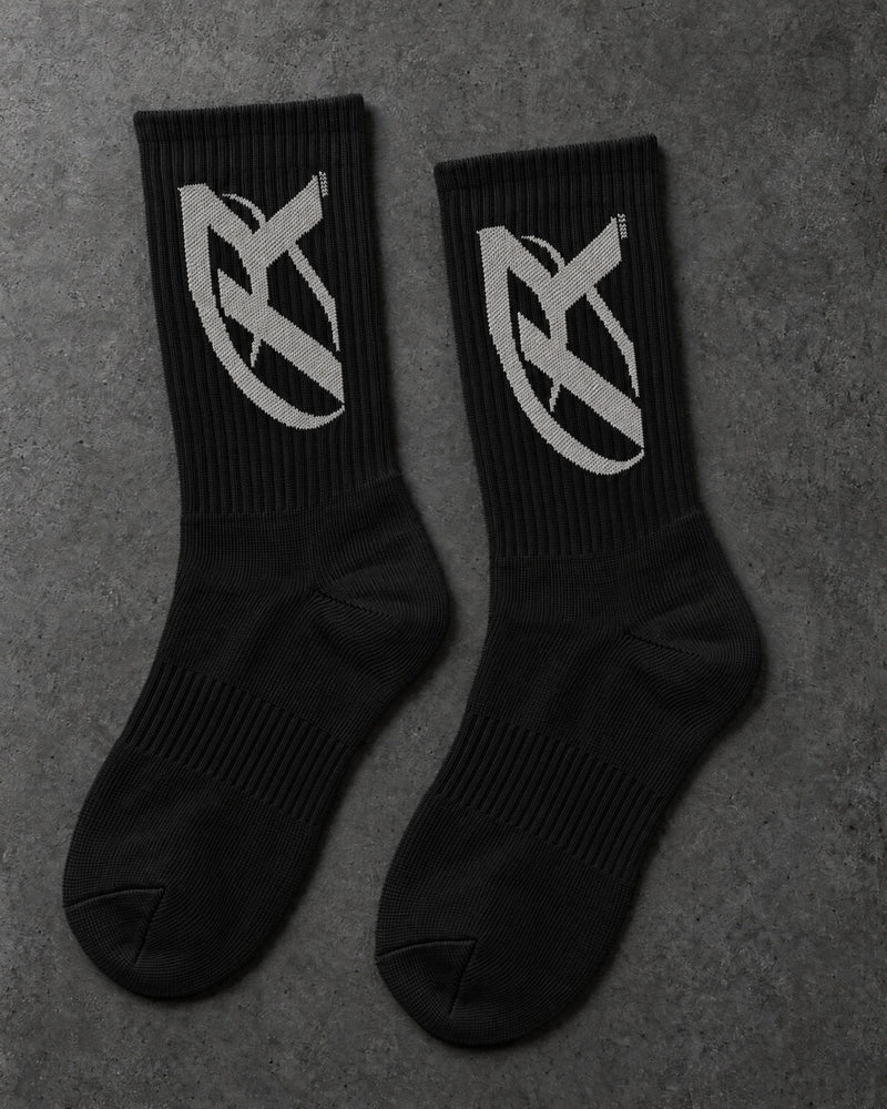 Projectprint custom terry crew socks — r logo black grey, upright pair studio view