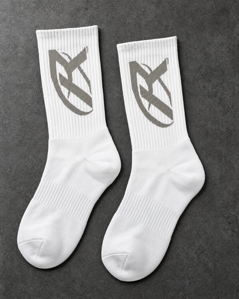 Projectprint custom terry crew socks — r logo white grey, upright pair studio view