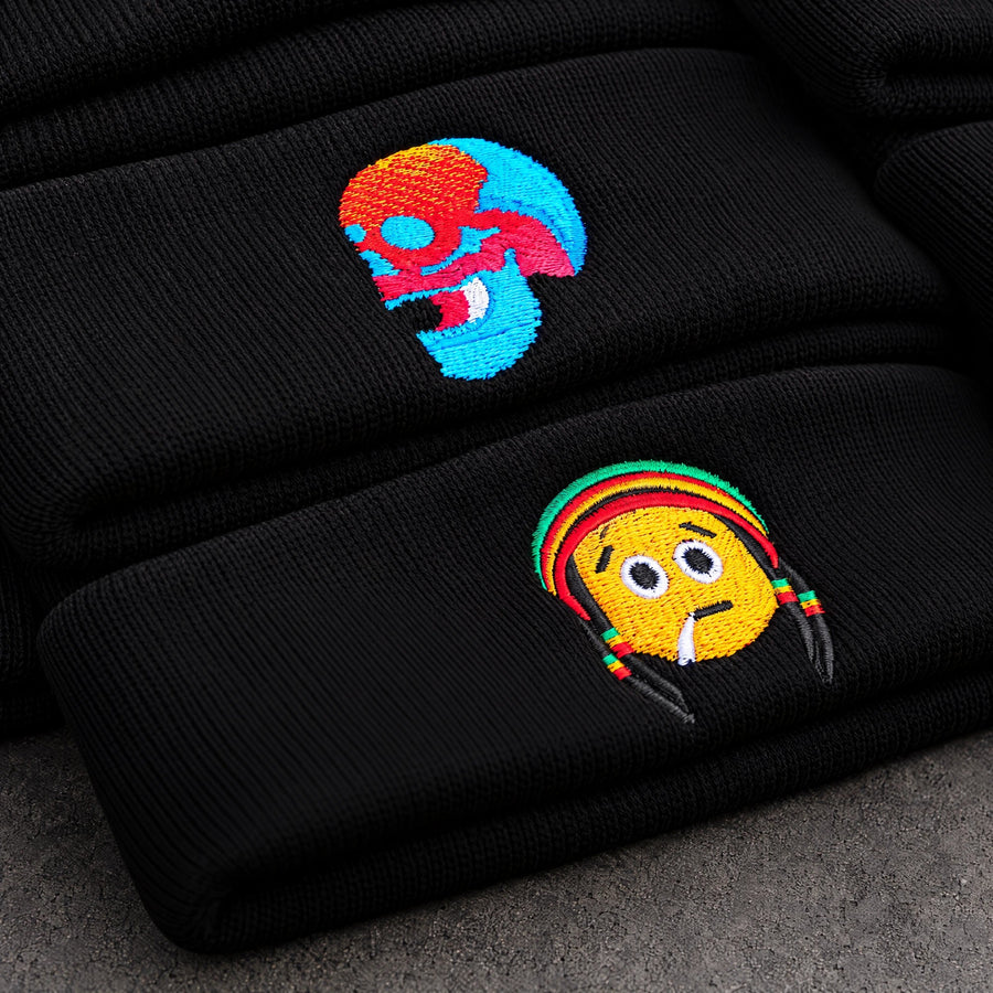 colourful skull headphones embroidery detail on a charcoal studio surface — Projectprint
