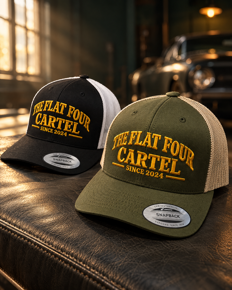The Flat Four Cartel custom mesh trucker caps in olive/beige and black/white with gold embroidery — Project Print customer work, view 1