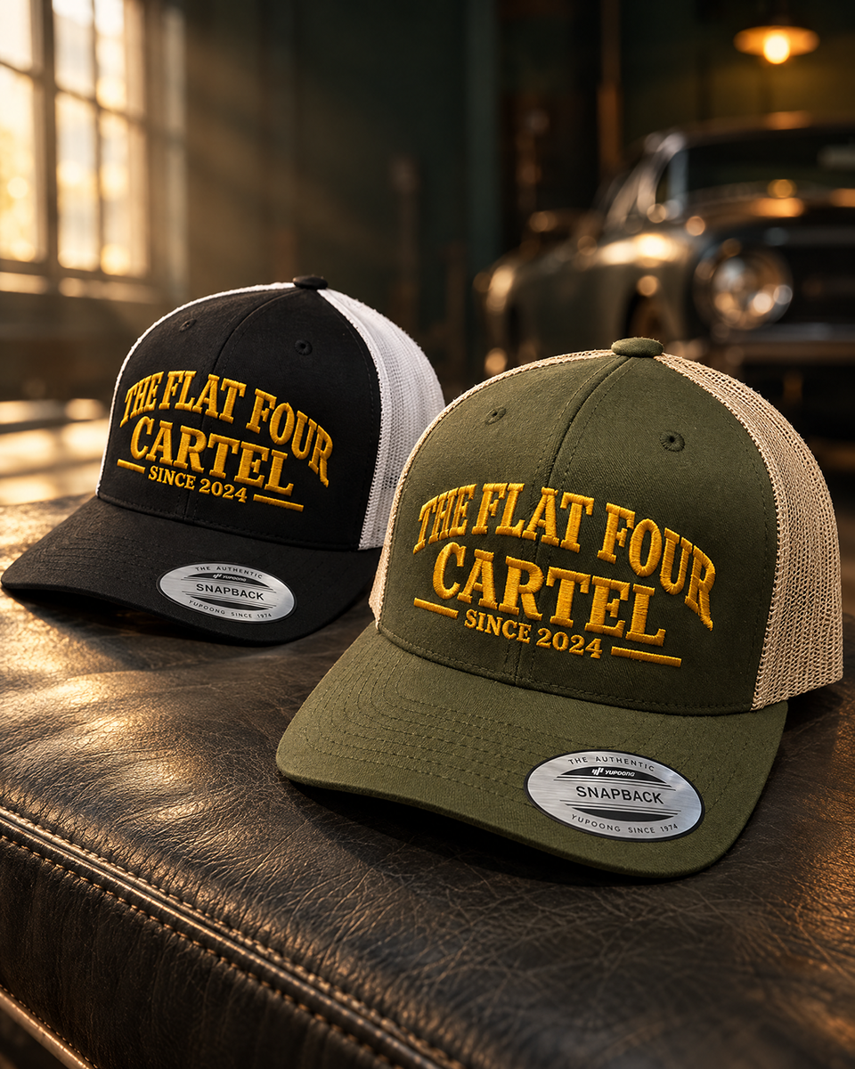 The Flat Four Cartel custom mesh trucker caps in olive/beige and black/white with gold embroidery — Project Print customer work, view 1