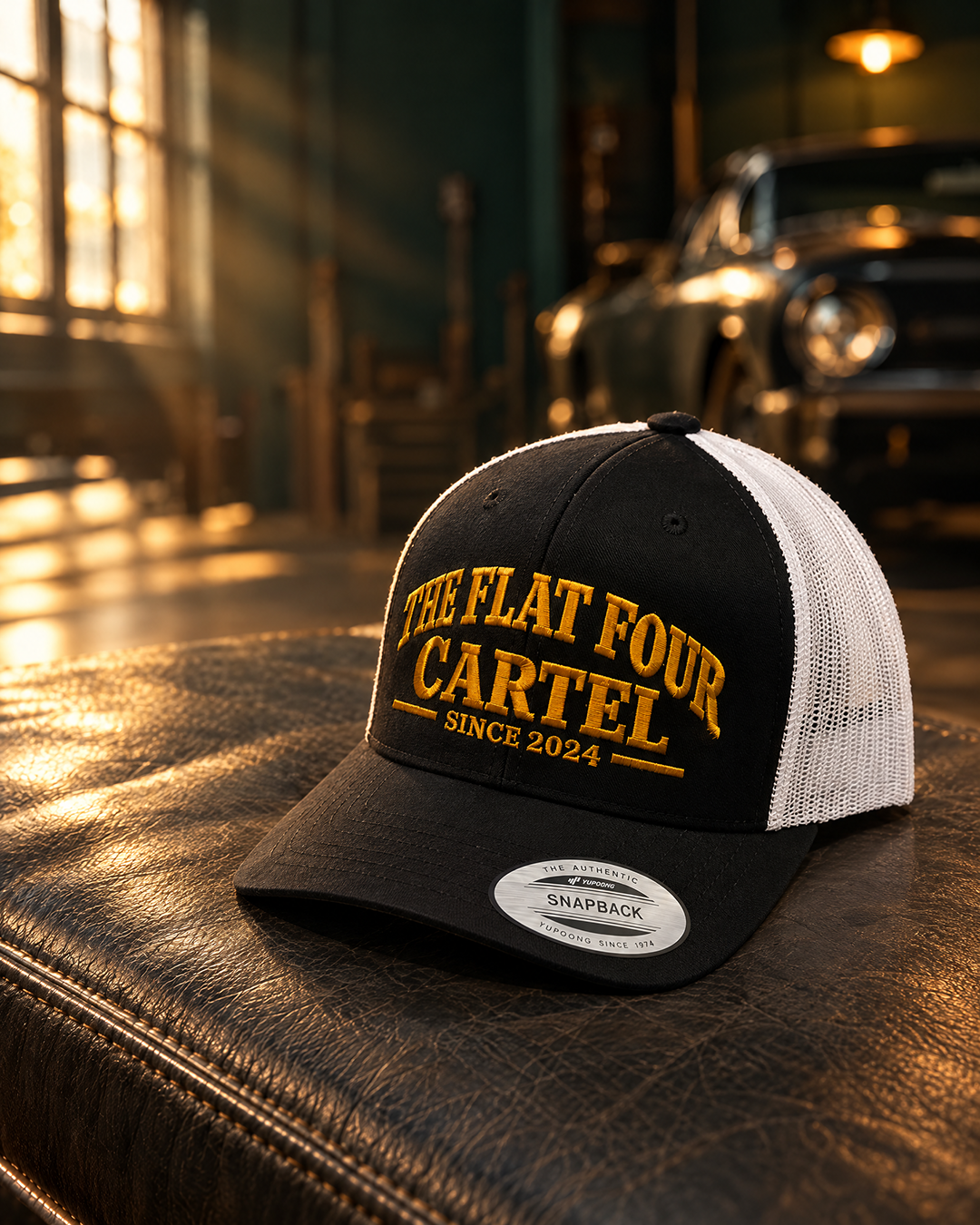 The Flat Four Cartel custom mesh trucker caps in olive/beige and black/white with gold embroidery — Project Print customer work, view 3
