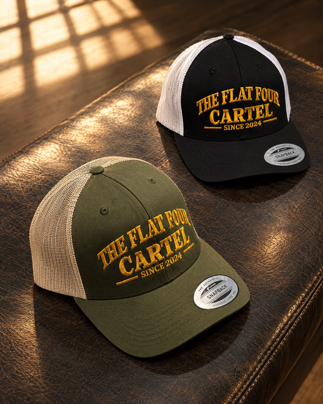 The Flat Four Cartel custom mesh trucker caps in olive/beige and black/white with gold embroidery — Project Print customer work, view 4