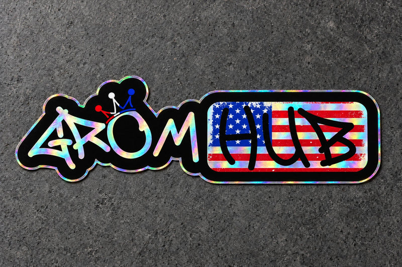 Projectprint holographic die cut sticker — grom hub, studio product view