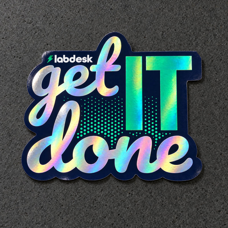 Projectprint holographic die cut sticker — labdesk get it done, studio product view