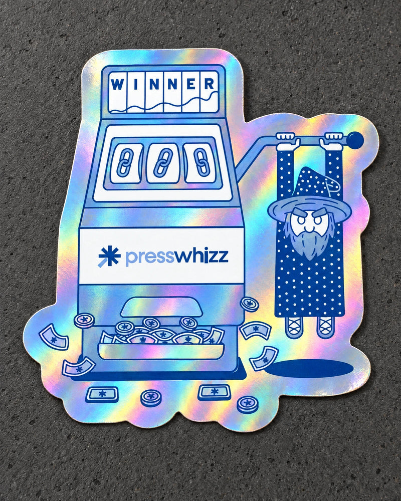 Projectprint holographic die cut sticker — presswhizz winner, studio product view