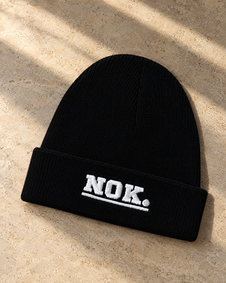 NOK. custom black ribbed cuffed beanie with white embroidered lettering — Project Print customer work, view 4