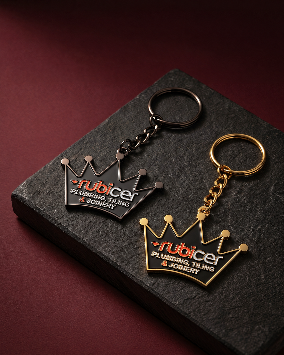 Rubicer custom crown-shaped metal keyrings in gold and gunmetal — Project Print customer work, view 1