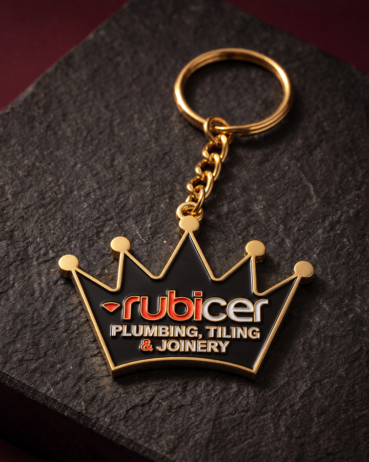Rubicer custom crown-shaped metal keyrings in gold and gunmetal — Project Print customer work, view 2