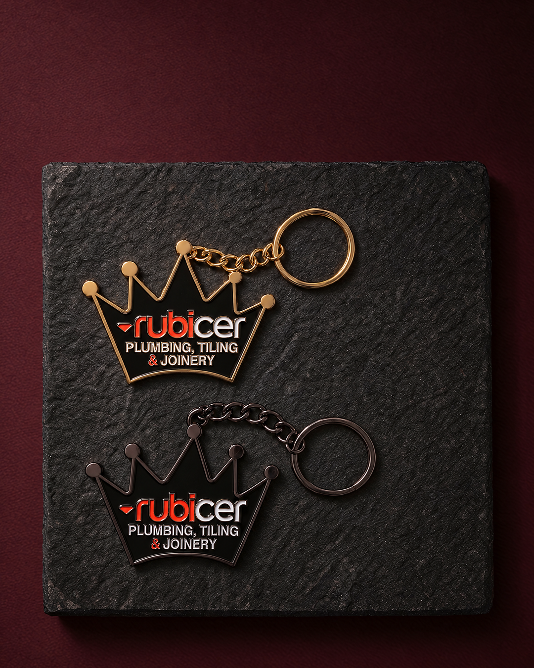 Rubicer custom crown-shaped metal keyrings in gold and gunmetal — Project Print customer work, view 3