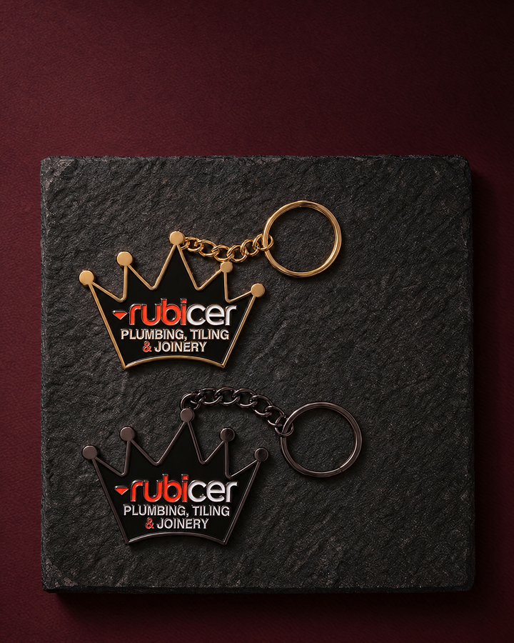 Rubicer custom crown-shaped metal keyrings in gold and gunmetal — Project Print customer work, view 3