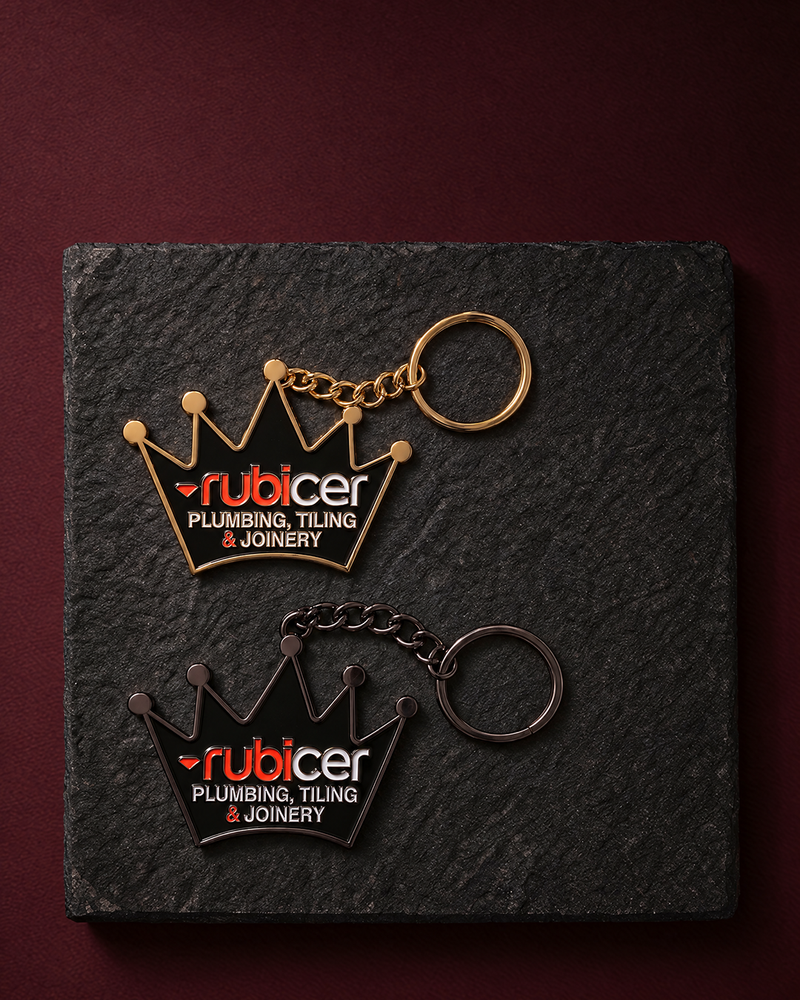 Rubicer custom crown-shaped metal keyrings in gold and gunmetal — Project Print customer work, view 3