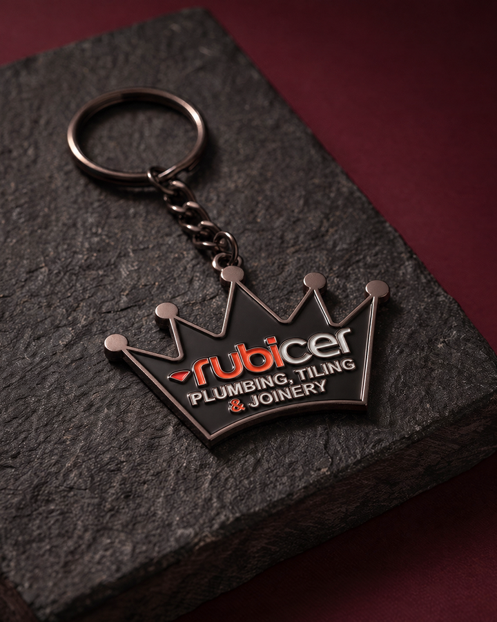 Rubicer custom crown-shaped metal keyrings in gold and gunmetal — Project Print customer work, view 4