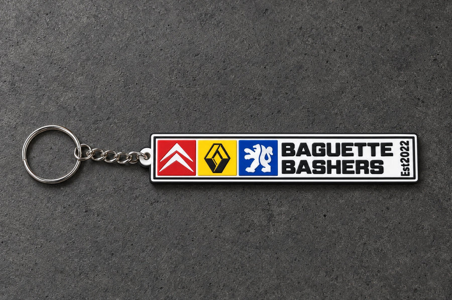 Projectprint custom soft PVC keyring — baguette bashers, charcoal studio product photograph