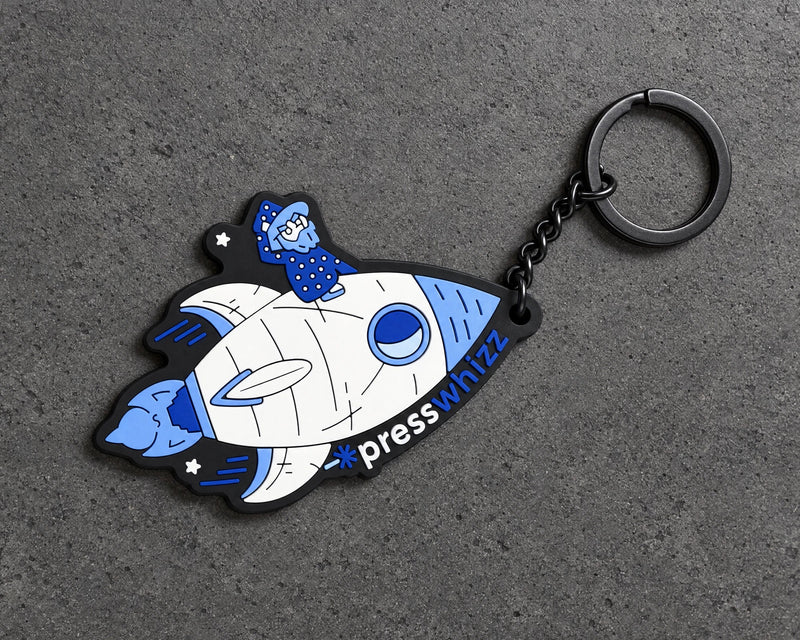 Projectprint custom soft PVC keyring — presswhizz rocket, charcoal studio product photograph