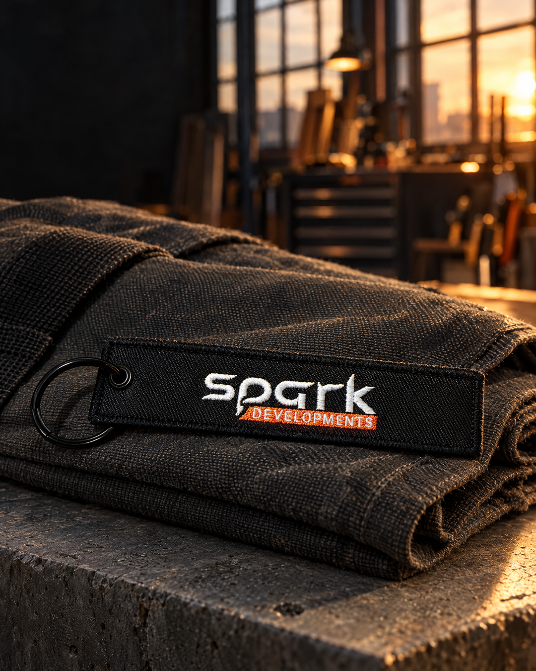 Spark Developments embroidered fabric keyring in black with white and orange stitching — Project Print customer work, view 1