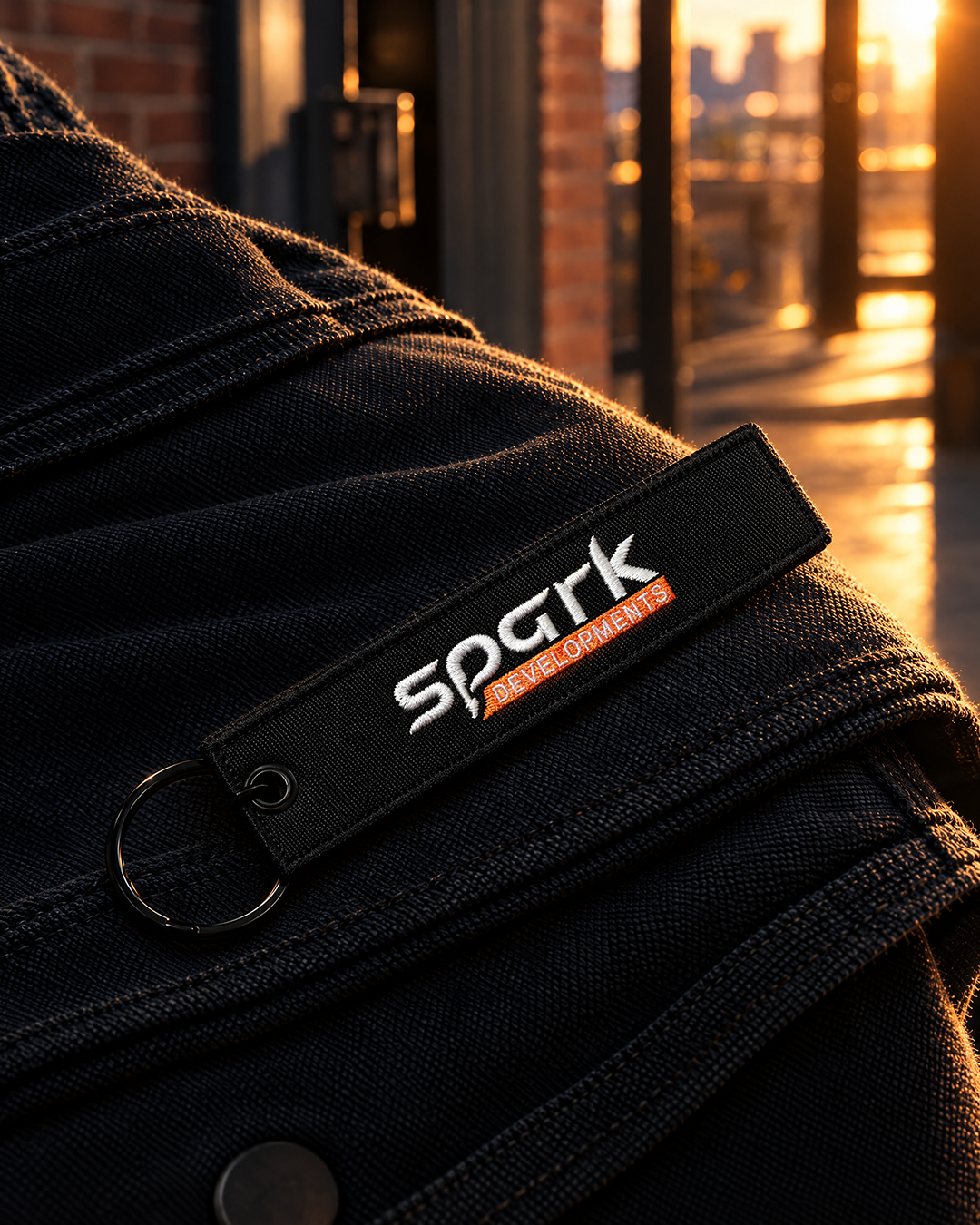 Spark Developments embroidered fabric keyring in black with white and orange stitching — Project Print customer work, view 4