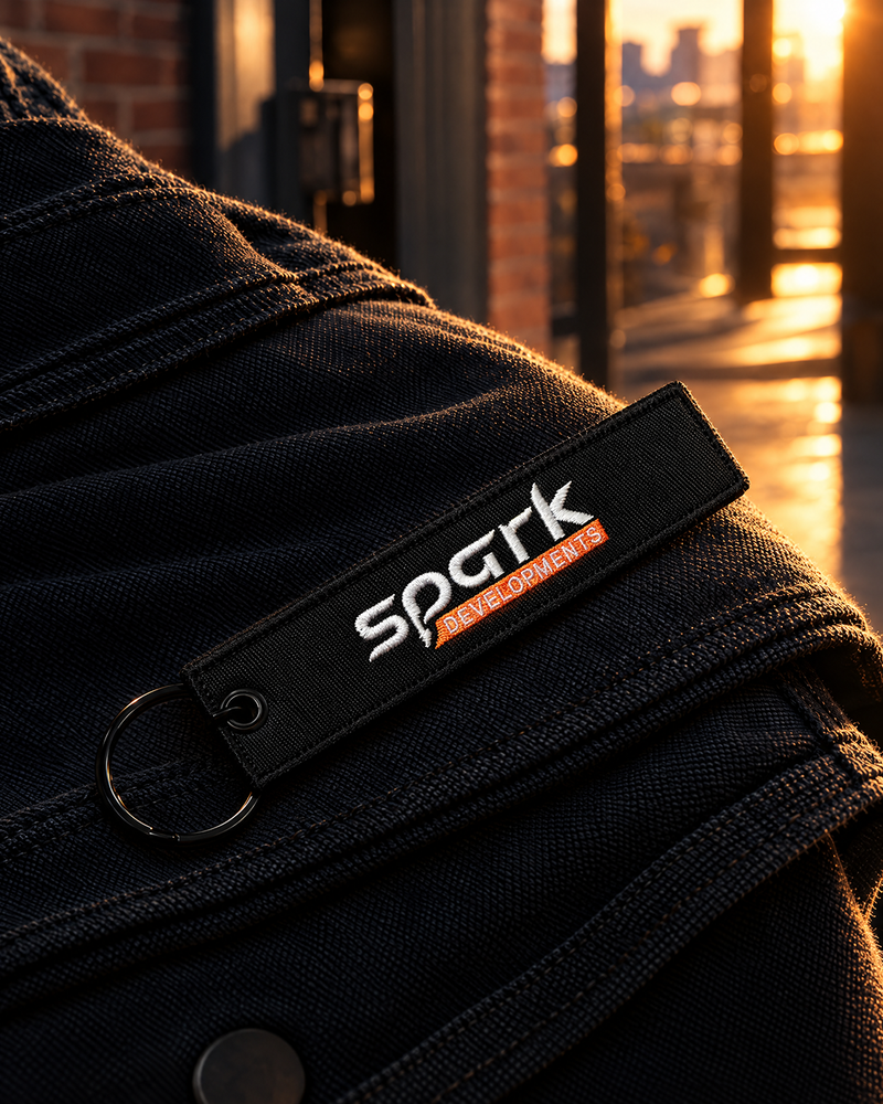 Spark Developments embroidered fabric keyring in black with white and orange stitching — Project Print customer work, view 4