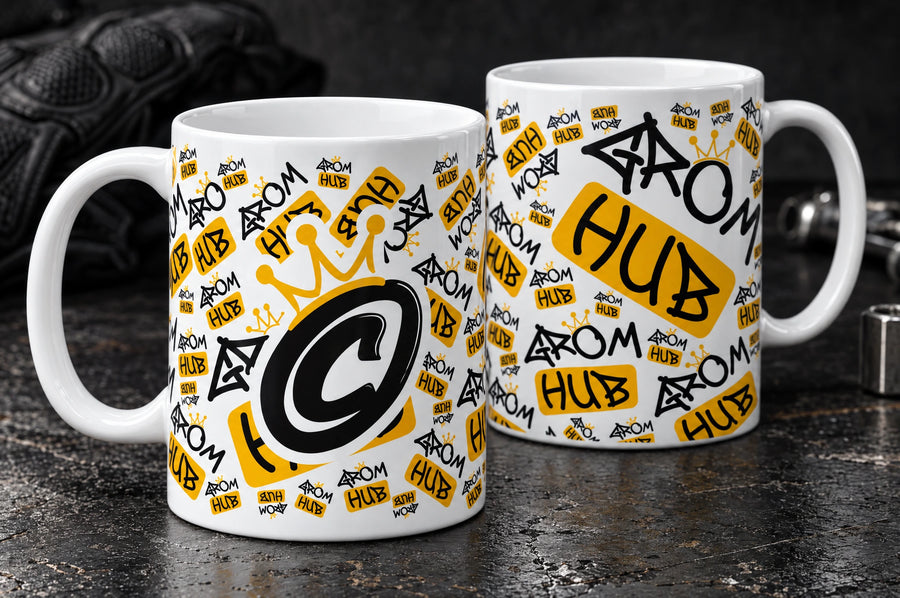 White custom printed ceramic mugs showing grom hub full wrap on paired views, by Project Print.
