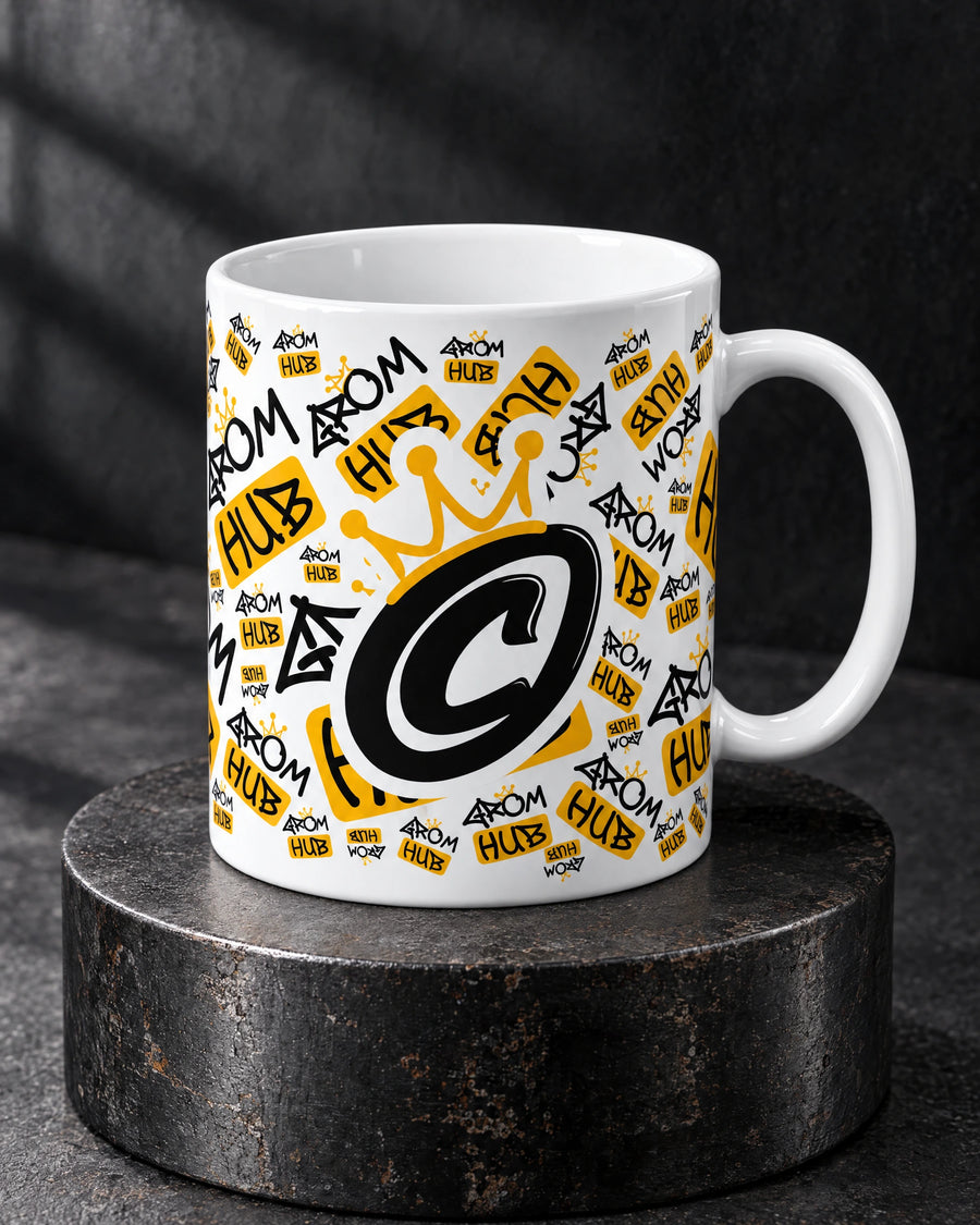 White custom printed ceramic mug showing grom hub full wrap on elevated single mug, by Project Print.