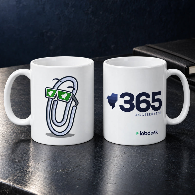 White custom printed ceramic mugs showing labdesk 365 accelerator paperclip on front and back, by Project Print.