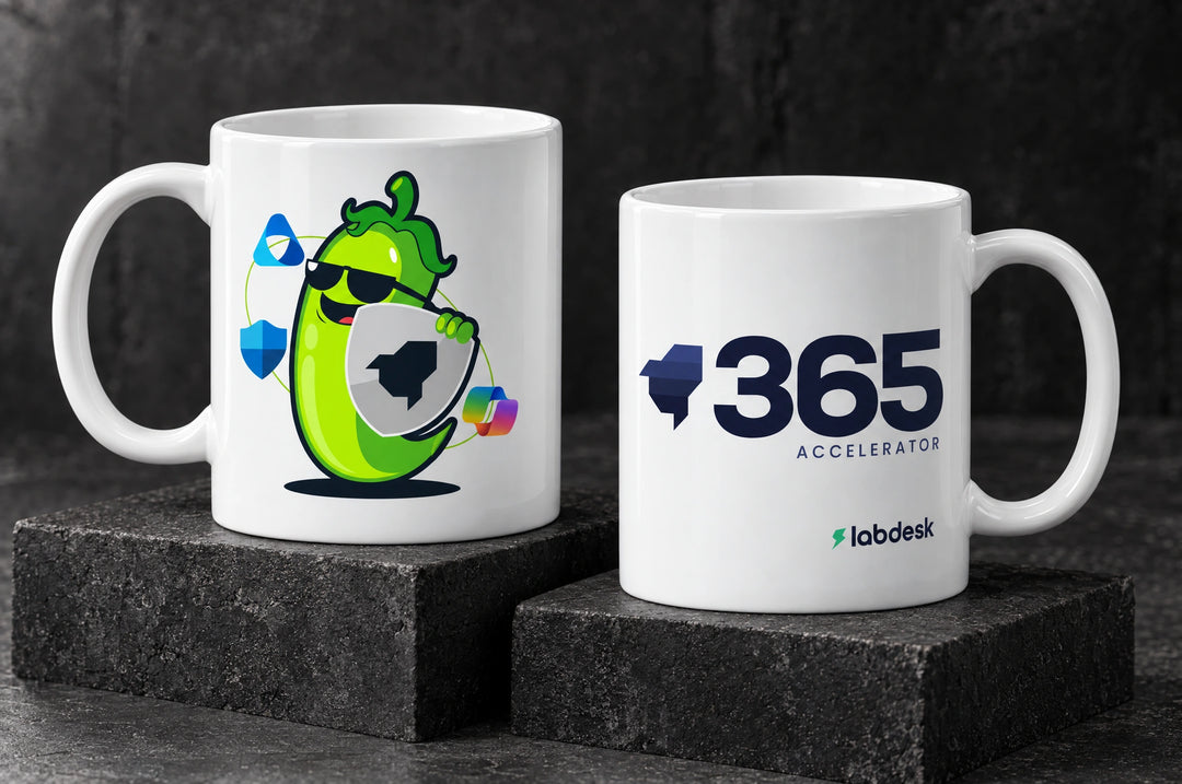 White custom printed ceramic mugs showing labdesk 365 accelerator pickle on front and back, by Project Print.