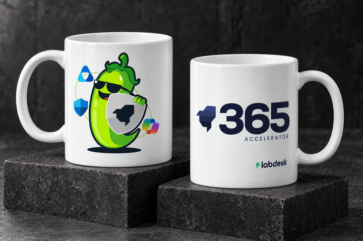 White custom printed ceramic mugs showing labdesk 365 accelerator pickle on front and back, by Project Print.