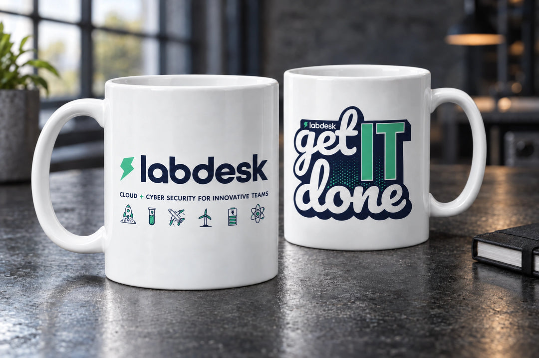 White custom printed ceramic mugs showing labdesk corporate and get it done on front and back, by Project Print.
