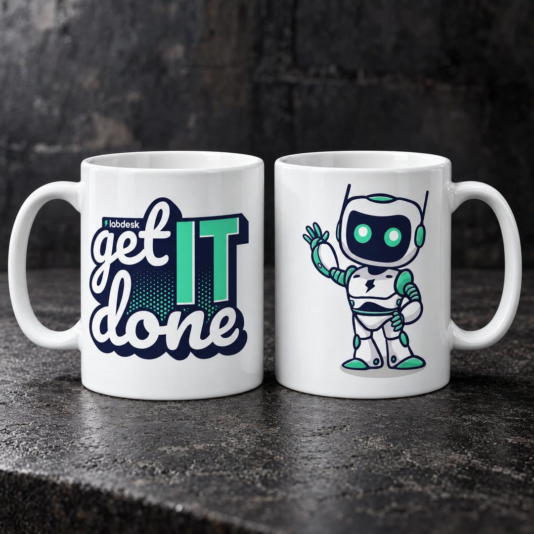 White custom printed ceramic mugs showing labdesk get it done and robot on front and back, by Project Print.