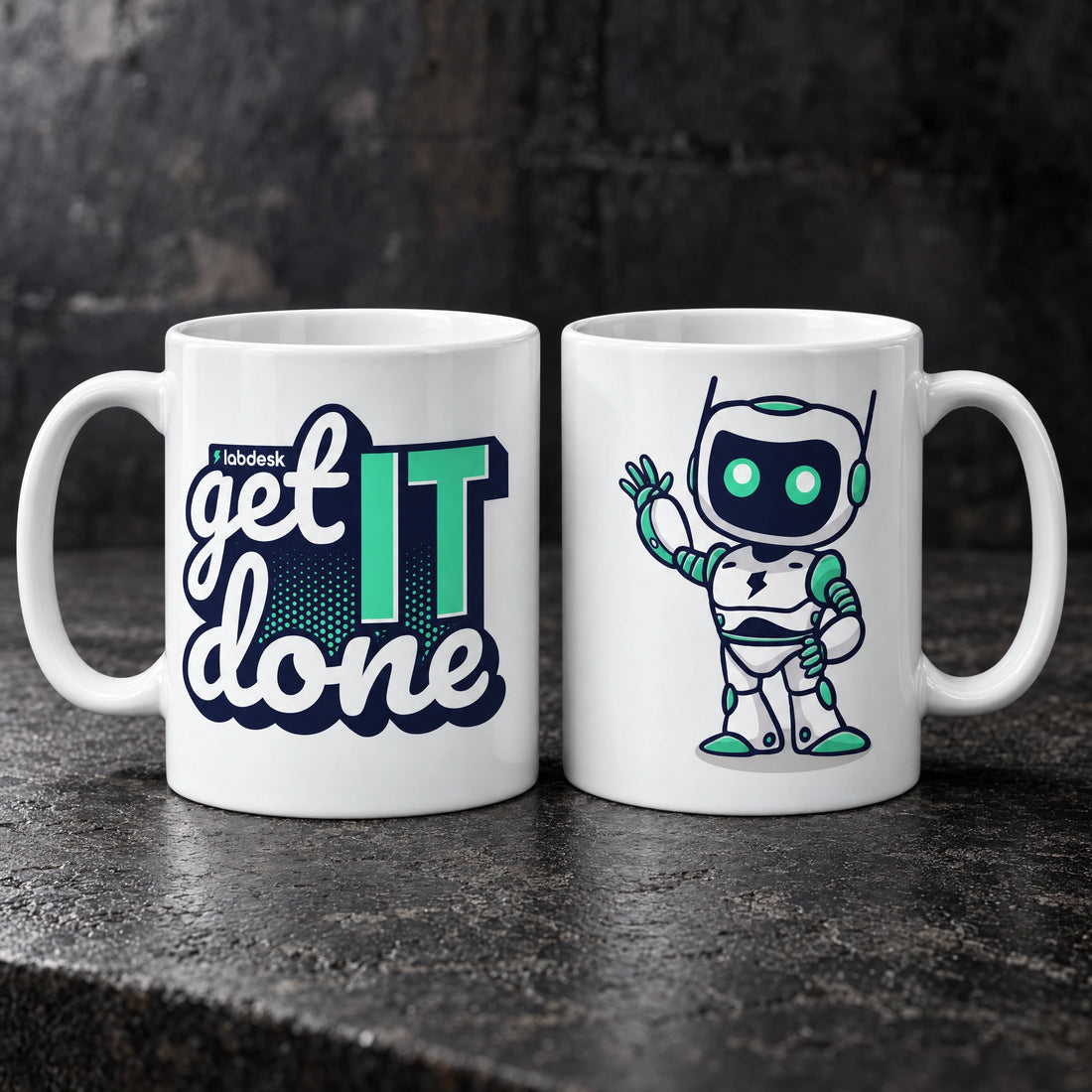 White custom printed ceramic mugs showing labdesk get it done and robot on front and back, by Project Print.